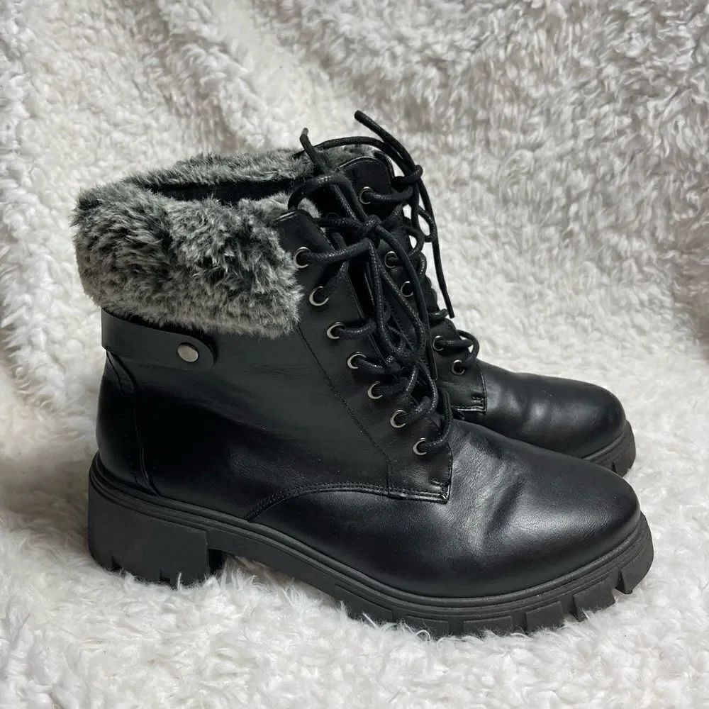 Wanted black synthetic leather combat boots with gray faux fur accents size 10